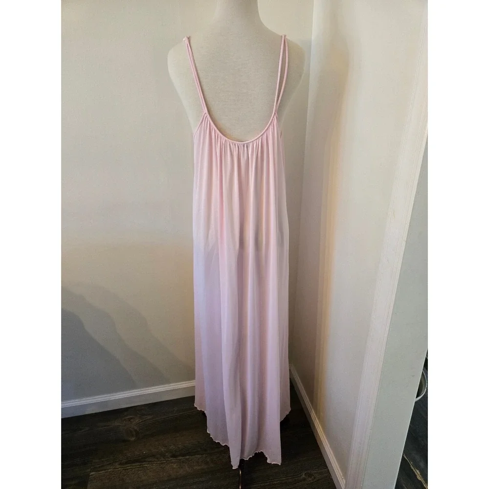 Vintage Miss Elaine Pink Antron Nylon Maxi Nightgown Rosette ILGWU Large USA - Picture 5 of 8